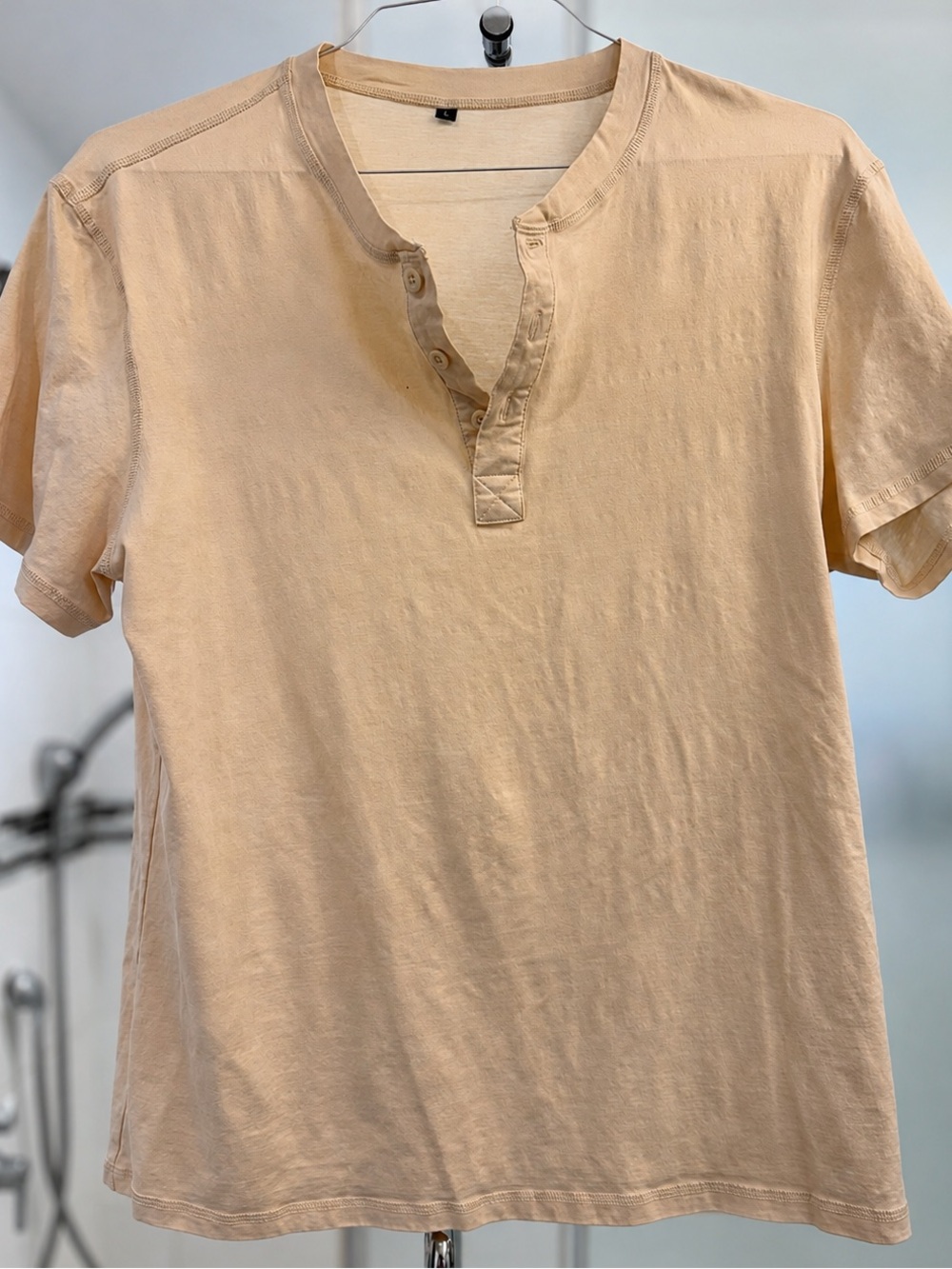 Men’s Beige Short Sleeve Henley T-Shirt Minimalist Casual Cotton Tee Large